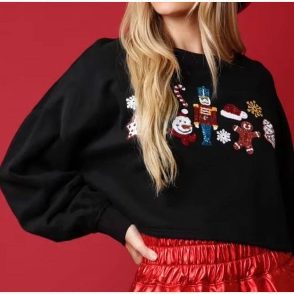 Christmas Sequin Black Sequin Crop Holiday Pullover